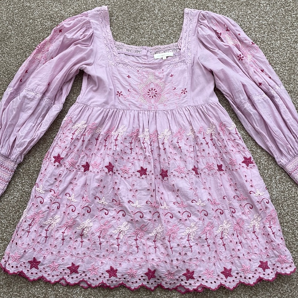 LoveShackFancy Freja Pink Eyelet Puff Sleeve Mini Dress in Size 6